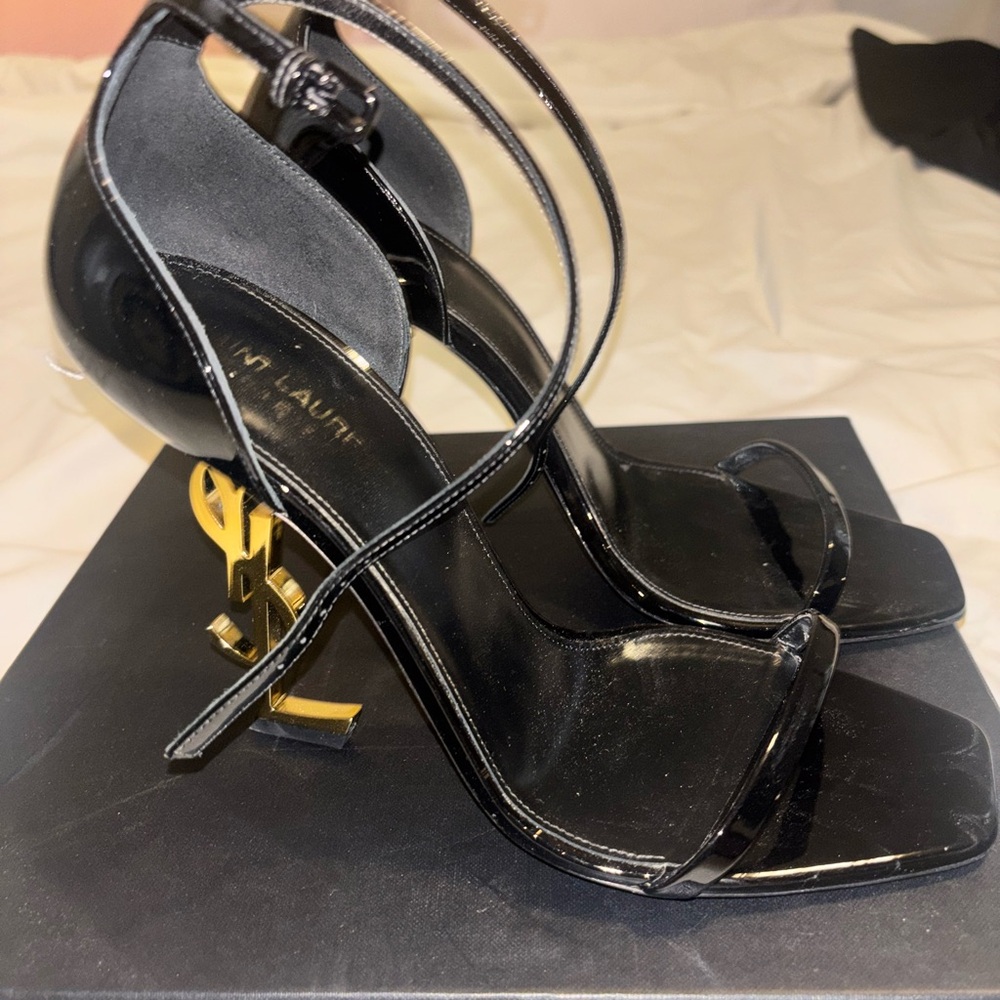 Saint Laurent Black and Gold Strappy Heels